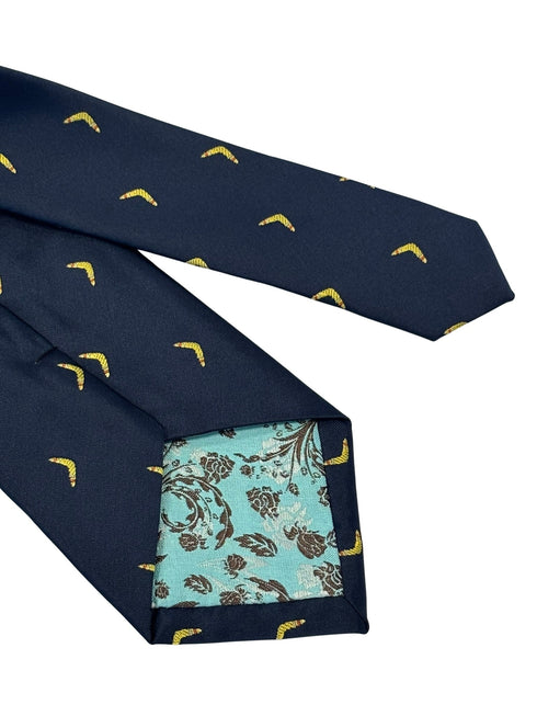 navy dark blue tie with Australian boomerang design